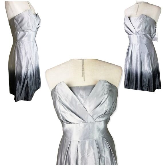 Formal Strapless Silver & Black Ombre Cocktail Silk Prom Dance Evening Dress - Picture 3 of 14